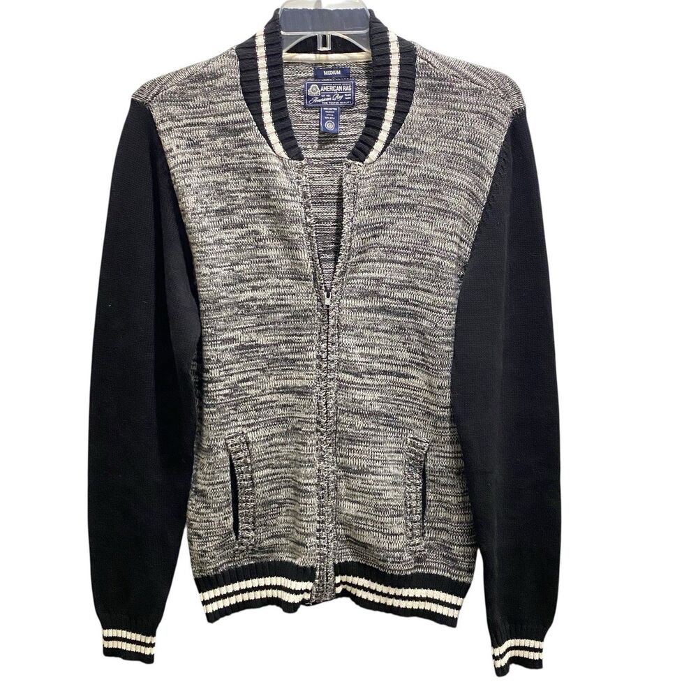 AMERICAN RAG Zipper Cardigan Sweater M Black Striped POCKETS CollegeCore